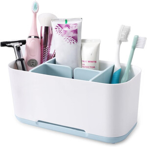 حامل فرشاة الاسنان من دي ام جي لتنظيم الحمام وسطح الطاولة، علبة تخزين معجون اسنان زرقاء قابلة للفصل ومضادة للانزلاق بـ 6 فتحات بيضاء مع فتحات تصريف