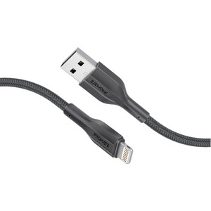 كابل USB-A إلى لايتنينغ متين بقوة 10 واط، يوفر شحنًا سريعًا ونقل بيانات بسرعة 480 ميجابت في الثانية، مع تصميم مضاد للتشابك من السيليكون بطول 200 سم واختبار ثني حتى 10,000 مرة