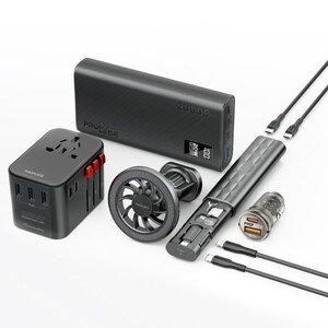 مجموعة السفر المحمولة 8 في 1 تحتوي على بطارية متنقلة بسعة 20000mAh ورأس شحن عالمي AC بقدرة 36 واط وشاحن سيارة صغير بقدرة 65 واط مع حامل مغناطيسي وكيبل USB-C إلى لايتنينغ وكيبل USB-C إلى USB-C مع مجموعة ملحقات