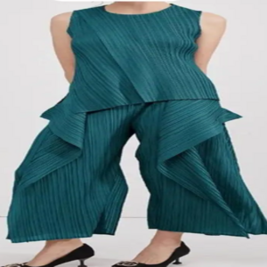 مياكي (مناسب للجميع المقاسات) طقم نسائي مطوي بتصميم غير منتظم مكون من قطعتين ، أنيق ريترو ، رقبة مستديرة ، فضفاض علوي ، أرجل واسعة ، بنطلون ، جديد ، خريف