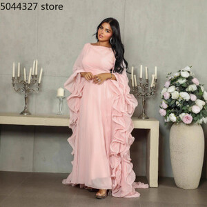 الوردي الشيفون رومانسية تكدرت الأكمام مساء اللباس لينة حزب الساحرة العربية طويلة مثير منخفضة الظهر الحفلة الساخن بيع