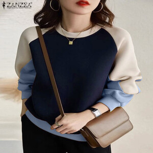 سترة نسائية موضة 2024 من ZANZEA سترة خريفية مرقعة بغطاء للرأس بلوفر فضفاض بياقة دائرية وأكمام طويلة ملابس خروج غير رسمية