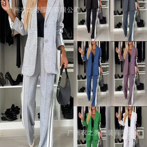 Amazon Cross-Border 2024 Autumn Fashion Women's Spliced Long Sleeve Lapel Casual Suit 2-Piece Set From China Mainland