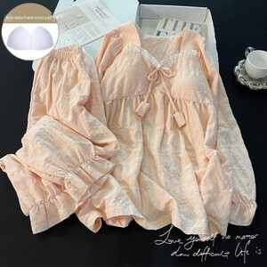 أطقم بيجامات بحافة من الدانتيل للفتيات الصغيرات بأكمام طويلة فضفاضة مع وسادة صدر ملابس كاواي حلوة للترفيه ملابس ربيع الخريف