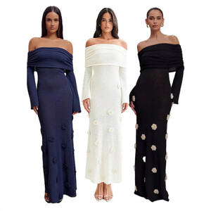 فستان نسائي طويل مثير ثلاثي الأبعاد على شكل زهرة فستان محبوك على الكتف فساتين طويلة للدفع النقدي للنساء