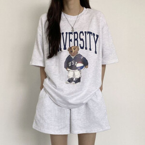 تي شيرت جديد فضفاض من قطعتين بأكمام قصيرة موديل 2023 وخصر عالي وسراويل قصيرة تناسب الصيف والقطن الدب المطبوع مجموعات قصيرة للسيدات