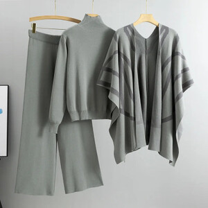 مكتب سيدة 3 قطع مجموعة خمر طباعة شال البلوز سترة بنطال ذو قصة أرجل واسعة مجموعة كسول نمط محبوك سترة شال كيب السراويل دعوى