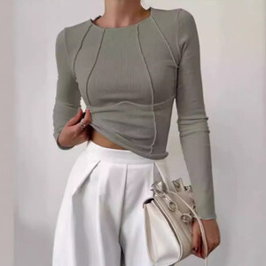 الربيع الصيف الوردي التباين مخطط كم طويل سليم Y2k اقتصاص قمم تي شيرت للنساء YZXFS-W0764