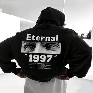 سترة بقلنسوة من قماش البوليستر بطباعة حروف كاجوال للرجال، ملابس مريحة للاستخدام اليومي