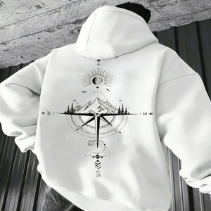 سويت شيرت رجالي بغطاء للرأس بطبعة Galaxy Galaxy للخريف والشتاء من الصوف الفرنسي والبوليستر فضفاض مع تفاصيل الجيب