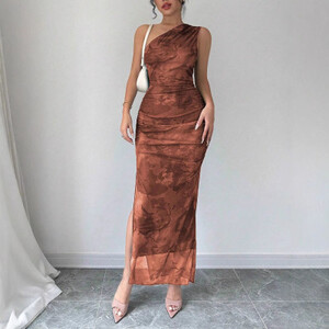 أنيقة المرأة براون المنحدرة الكتف طوق أكمام الأزهار طباعة الجانب الشق فستان محكم التفصيل الصيف موضة سليم صالح فساتين الحفلات