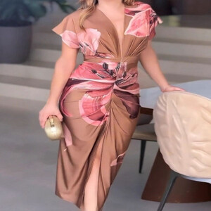 فستان أنيق للحفلات بأكمام قصيرة ورقبة على شكل حرف V كاجوال بخصر عالٍ فساتين طويلة ضيقة للنساء بنمط مطبوع فستان ملفوف على الورك