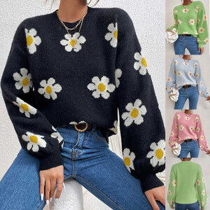 طباعة الأزهار المرأة متماسكة البلوزات الجولة الرقبة فضفاضة طويلة الأكمام سترة أنيقة الشارع الشهير البلوز لصق الخريف الشتاء 2025