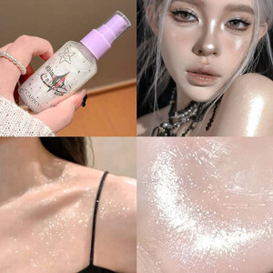 مغطى على الفور مع رذاذ تسليط الضوء على السائل المتلألئ باللون الأبيض اللامع للوجه والجسم ومكياج لامع للنوادي الليلية