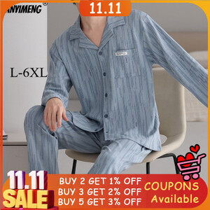 L-6XL حجم كبير رجل منامة مجموعة أنيقة الذكية عارضة Homesuit ل شهم شال طوق منامة مجموعة أزرار حتى القطن ملابس خاصة