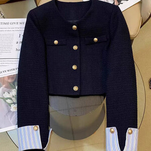 سترة نسائية أنيقة باللون الأزرق الداكن من التويد بأكمام طويلة ملابس خارجية أنيقة على الموضة الكورية مرقعة للربيع برقبة دائرية ملابس علوية للمكتب للسيدات