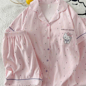 Sanrios مرحبا كيتي منامة مجموعة ملابس المنزل الصيف الكرتون 2 قطعة مجموعة مريحة Kawaii Y2K فضفاضة القطن الخالص قصيرة الأكمام