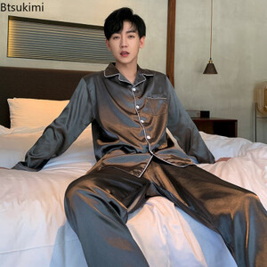الربيع/الخريف الرجال بيجامة مجموعة فو الحرير الساتان التلبيب كم طويل قميص مرونة الخصر جيوب مجموعة واحدة الصدر الذكور ملابس خاصة