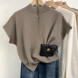 حار قصيرة الأكمام سترة قميص وبلوزات امرأة الوقوف طوق محبوك سترة محبوك سترة قصيرة الأكمام أنيقة مستقيم القمم