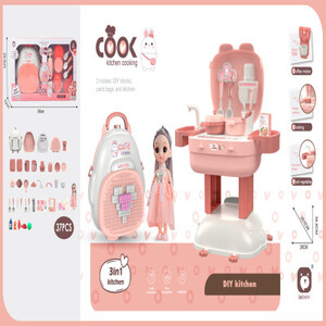 مطبخ 3 في 1 مع عروسة ومكعبات واكسسوارات