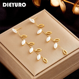 DIEYURO 316L الفولاذ المقاوم للصدأ اللؤلؤ شرابة انخفاض الأقراط للنساء الفتيات الموضة قلادة طويلة الأذن مجوهرات هدايا عيد