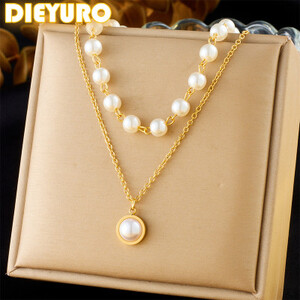 DIEYURO 316L الفولاذ المقاوم للصدأ الذهبي جولة اللؤلؤ قلادة قلادة المرأة الاتجاه الجديد طبقة مزدوجة سلسلة غير قابل للصدأ مجوهرات هدية حفلة
