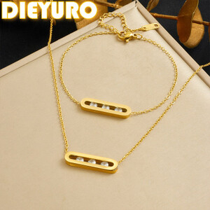 DIEYURO 316L الفولاذ المقاوم للصدأ الذهبي الجوف مستدير مستطيل الزركون البطانة المنقولة قلادة سوار مجموعة سيدة مجوهرات مقاومة للماء