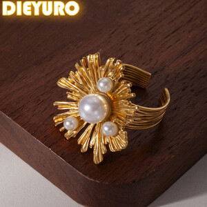 DIEYURO 316L الفولاذ المقاوم للصدأ الذهبي غير النظامية زهرة مع اللؤلؤ حلقة مفتوحة للنساء موضة جديدة موجزة خاتم مقاوم للماء