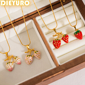 DIEYURO 316L الفولاذ المقاوم للصدأ الوردي الأحمر المينا الفراولة قلادة قلادة للنساء الاتجاه الجديد موضة سلسلة عنق مجوهرات هدية