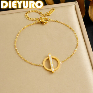 DIEYURO 316L الفولاذ المقاوم للصدأ الذهبي التعميم الهندسة البطانة الزركون قطاع اكسسوارات سوار سيدة الكلاسيكية المعصم سلسلة مجوهرات