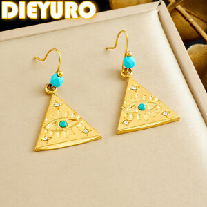 DIEYURO 316L الفولاذ المقاوم للصدأ الذهبي مثلث البطانة الفيروز عين الشر الزركون أقراط سيدة الاتجاه الجديد موضة Earbob مجوهرات