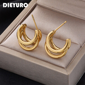 DIEYURO 316L الفولاذ المقاوم للصدأ مبالغ فيها متعدد الطبقات وأقراط للنساء موضة C نوع الإناث أقراط مجوهرات فتاة بسيطة