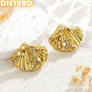 DIEYURO 316L الفولاذ المقاوم للصدأ الذهبي المحيط نمط محارة التقوقع الزركون أقراط اللؤلؤ المرأة موضة جديدة الأذن مجوهرات سيدة هدية
