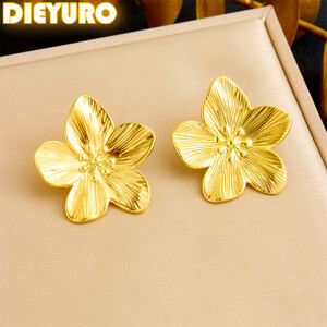 DIEYURO 316L الفولاذ المقاوم للصدأ الذهبي موضة مبالغ فيها خمسة البتلة زهرة أقراط للنساء فتاة الاتجاه الجديد القرط مجوهرات هدية