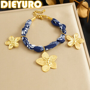 DIEYURO 316L الفولاذ المقاوم للصدأ الذهبي الفاخرة الزهور قلادة سوار المرأة الكلاسيكية البحرية خمر الشريط الأزرق المعصم سلسلة مجوهرات