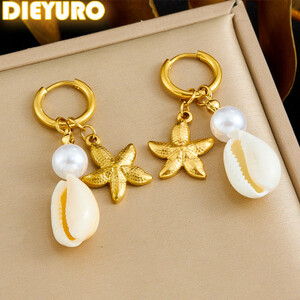 DIEYURO 316L الفولاذ المقاوم للصدأ الذهبي نجم البحر قذيفة اللؤلؤ قلادة أقراط النساء موضة جديدة الأذن ترصيع عطلة مجوهرات هدية ﻿