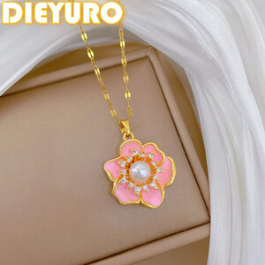 DIEYURO 316L الفولاذ المقاوم للصدأ الوردي الحلو النفط بالتنقيط الزركون اللؤلؤ زهر الخوخ زهرة قلادة سيدة موضة سلسلة عنق مجوهرات
