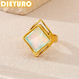 DIEYURO 316L الفولاذ المقاوم للصدأ الملونة المعين هندسية حلقة مفتوحة للنساء موضة الاتجاه موجزة خاتم قابل للتعديل هدية