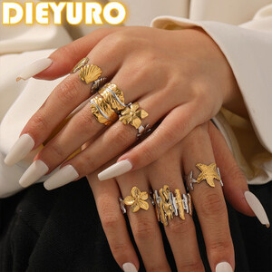 DIEYURO 316L الفولاذ المقاوم للصدأ القلب زهرة Bowknot ستار الذهبي الفضة الصدام غير النظامية قابل للتعديل افتتاح خواتم مجوهرات مقاومة للماء