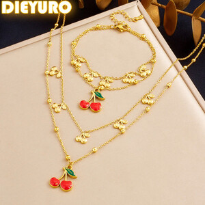 DIEYURO 316L الفولاذ المقاوم للصدأ الفاكهة الحمراء الكرز طبقة مزدوجة قلادة سوار مجموعة سيدة موضة جديدة مقاوم للماء طقم هدايا مجوهرات
