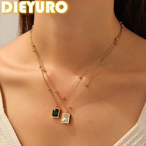DIEYURO 316L الفولاذ المقاوم للصدأ الأبيض الأخضر ساحة دلاية من حجر الزركون الذهبي الصغيرة كرة مستديرة قلادة سيدة موضة سلسلة عنق مجوهرات
