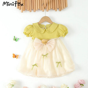 فستان شبكي MiniFox-Princess للأطفال البنات ، كم منتفخ ، أقواس دب كرتونية ، ملابس للأطفال ، فساتين أطفال ، صيف