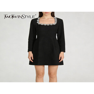 فستان TWOTWINSTYLE أنيق بتصميم بسيط مرصع بالألماس للنساء، برقبة مربعة وأكمام طويلة وخصر مرتفع، فساتين أنيقة جديدة للسيدات