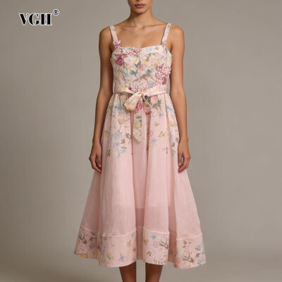 VGH الطباعة تقسم ثلاثية الأبعاد الديكور فستان ميدي للنساء ساحة طوق بلا أكمام المرقعة الدانتيل يصل الفرنسية ألف خط فساتين الإناث