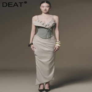 DEAT أنيقة 2 قطعة مجموعة ثلاثية الأبعاد زهرة الدانتيل متابعة سليم زلة غير المتكافئة سبليت مطوي تنورة المرأة بدلة الحفلات 2026 ربيع جديد 35Z3573