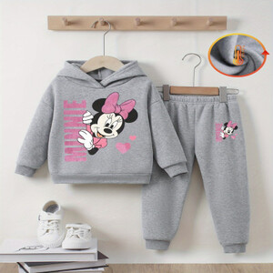 بدلة بناطيل بأكمام طويلة مكونة من قطعتين للفتيات من ديزني مع طبعات ميكي وميني لطيفة، سترة صوف بغطاء للرأس جديدة للخريف والشتاء