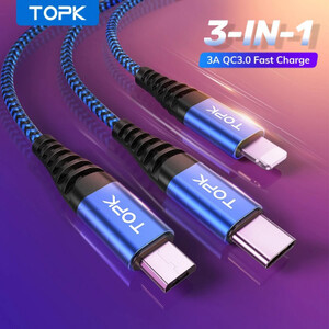 TOPK 3 في 1 مايكرو USB نوع C كابل آيفون 14 13 12 Plus X Xs ماكس سامسونج شاومي هواوي 3A شحن سريع USB-C تاريخ كابل