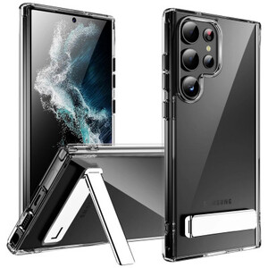 حافظة صلبة رفيعة شفافة بمسند معدني ، S24 الترا ، S23 الترا ، S22 الترا ، S23 بلس