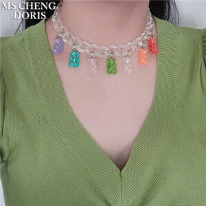 اليدوية 7 ألوان لطيف الكرتون الدب سلسلة القلائد ، الحلوى اللون قلادة للنساء والفتيات اليومية مجوهرات هدايا الحفلات