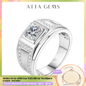 ATTAGEMS كلاسيكي 925 فضة خواتم الرجال الزفاف الفضة الماس المشاركة 1.0Ct 6.5 مللي متر D اللون مويسانيتي الدائري للرجال